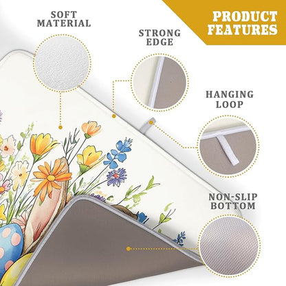 Easter Colorful Bunny Egg Flowers Dish Drying Mat 18 x 24 Inch Absorbent Reversible Microfiber Spring Butterfly Floral Rabbit Holiday Drying Mats Fast Dry Pad Draining Mat For Kitchen Countertop