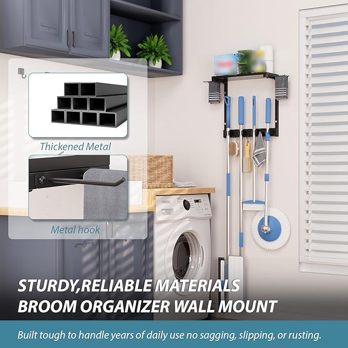 Broom Holder Wall Mount with Cleaning Supplies Organizer, Laundry Room Organization and Storage Shelves, Mop Hanger Broom Rack with Hooks, Home Improvement Kitchen Shelf Garage Organizer