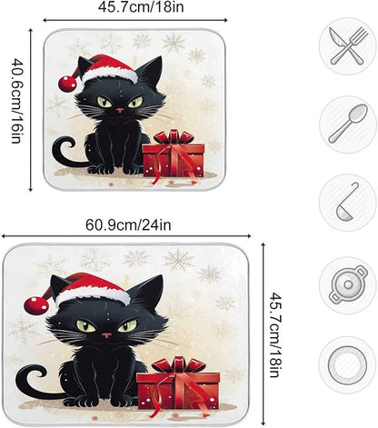 Christmas Dish Drying Mat Kitchen Counter Absorbent Black Cat Coffee Sink Mat Dish Drainer Pad 18 Inch x 24 Inch