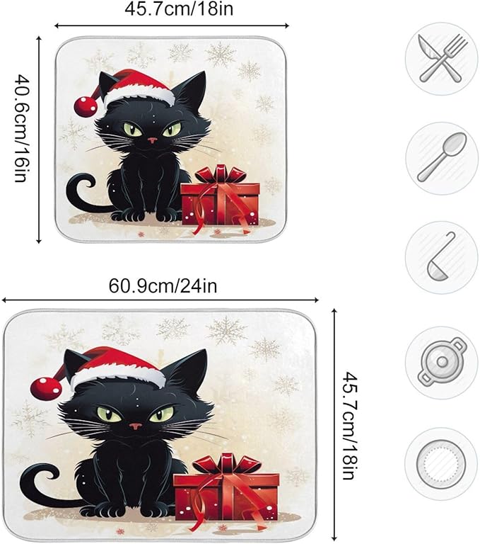 Christmas Dish Drying Mat Kitchen Counter Absorbent Black Cat Coffee Sink Mat Dish Drainer Pad 18 Inch x 16 Inch