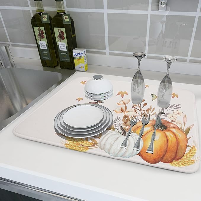 Fall Pumpkin Maple Dish Drying Mat for Kitchen Counter,Autumn Butterflies Harvest Drying Mat 18 x 24 Inch with Absorbent Reversible Microfiber Dish Drying Pad Dish Rack Drainer Mat for Coffee Bar