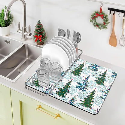 Bloss Christmas Dish Drying Mat, 19x12 Inch Coffee Mat with Christmas Tree + Snowflakes Printed, Drying Matt Kitchen Counter / Bar Mat