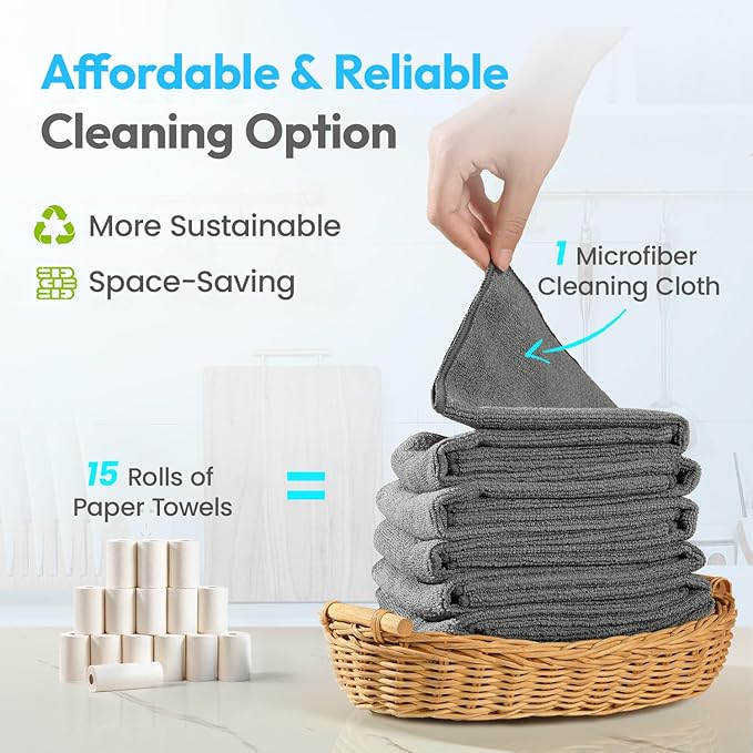 12 Pack Microfiber Cleaning Cloth, 12x12 Inch Professional Detailing Towels, Ultra Absorbent Lint Free Car Rags for Washing, Polishing, Buffing and Drying (Grey)