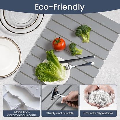 Meowoo Stone Drying Mat for Kitchen Counter, 15.7"x11.8" Foldable Diatomaceous Earth Mat, Super Absorbent, Quick-Dry Bath & Kitchen Pad for Dishes, Cups, Non-Slip, Fit Any Countertop - Light Gray