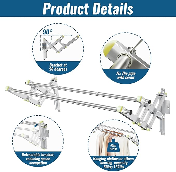 Foldable Wall Mounted Clothes Rack-Double 44'' Long Rod&2 Bases,Stainless Steel, Heavy Duty,Multi-Purpose for Space-Saving Garment Rack/Clothes Drying Rack/Plant Hanger (44 inches length X 2 rows)