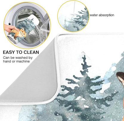 Super Absorbent Dish Drying Mat, Microfiber Fast-Drying Dish Mat, 24" x 18", Kitchen Dish Drying Pad, Watercolor Cute Fox Winter Christmas