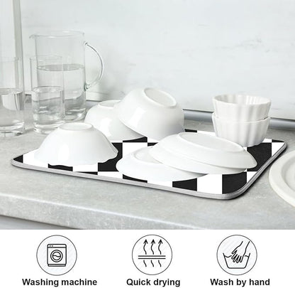 Black White Chessboard Dish Drying Mat for Kitchen Countertop 16x18 Plaid Checkered Rectangle Small Drying Mat Reusable Quick Dry Dish Sink Absorbent Mats Easy Clean Decorative Home Essentials