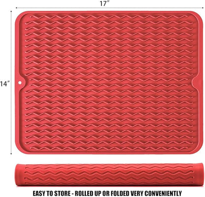 Large 17" x 14" Silicone Dish Drying Mat for Kitchen Counter, Easy clean, Quick Dry, Heat-resistant Dish Drainer Mat for Sink,Refrigerator or Drawer liner (Food Grade Silicone-Red)