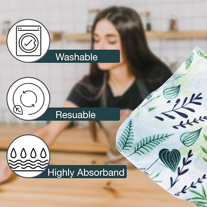 Pack of 10 Reusable Paper Towels | 10x10 Inch Cotton Towels | Kitchen Utensils Print | Eco Friendly, Washable, Quick Drying | Sustainable Cleaning Cloths | Green Fern Leaves