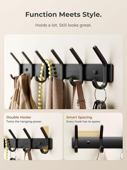 GWAAZXGZ Coat Rack Wall Mount Hooks - 15 Inch Matte Black Metal 6-Hook Organizer Wall Mounted, Modern Kids Room, Entryway & Bathroom Hanger for Beach Towels, Coats, Purses, Bags (2 Pack)