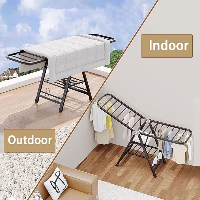 Mimiblack Clothes Drying Rack Foldable, 3 Tier Large Laundry Dryer Stand, Heavy Duty Metal Clothes Airer Dryer Rack with Wheels For Clothing& Bedding &Towels, Indoor & Outdoor Use, 70.8"L×17.7"W Gray
