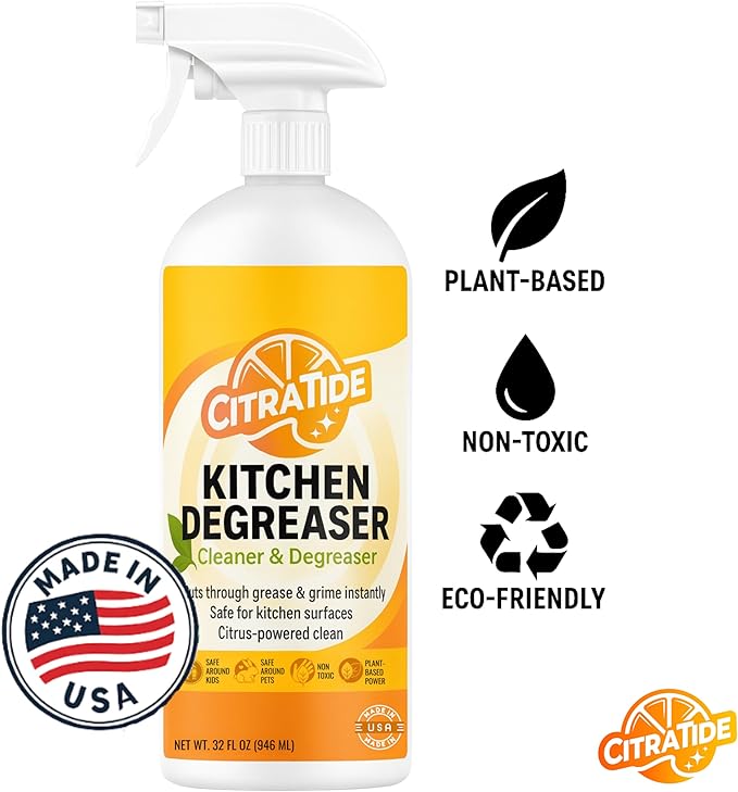 Kitchen Degreaser Spray – Heavy Duty Plant-Based Citrus Cleaner for Countertops, Stovetops & Appliances – Non-Toxic, USA Made (32 fl oz)