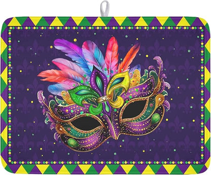 Mardi Gras Dish Drying Mat for Kitchen Counter Masquerade Mask Feather Drying Mats Absorbent Reversible Microfiber Washable Draining Pad Washable Dry Mat 18x24 Inch