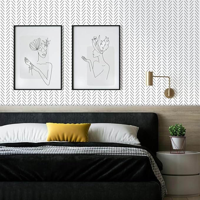 Erfoni Black and White Peel and Stick Wallpaper Modern Herringbone Contact Paper Bathroom 17.7inch x 196.8inch Geometric Removable Wallpaper Peel and Stick Backsplash Self Adhesive Contact Paper