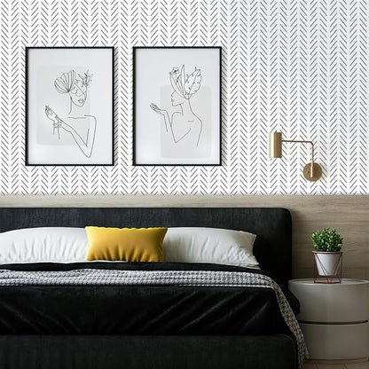 Erfoni Black and White Peel and Stick Wallpaper Modern Herringbone Contact Paper 17.7inch x 393.7inch Black Geometric Removable Wallpaper Modern DIY Self Adhesive Wall Paper for Livingroom Decor