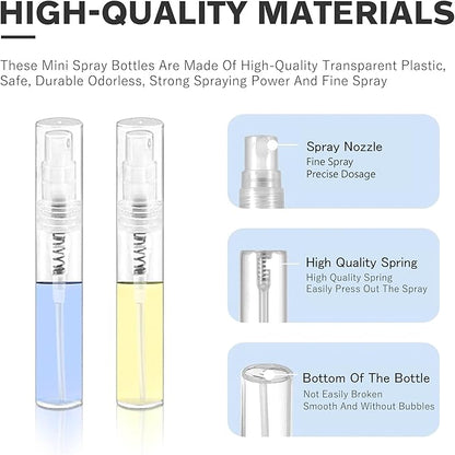 Mini Spray Bottle, Clear Plastic Empty Sample Containers, Fine Mist Perfume Travel Refillable Spray Bottle Perfume Atomizer Small Portable Bottle for Cleaning, Travel, Essential Oils(60, 3ml)