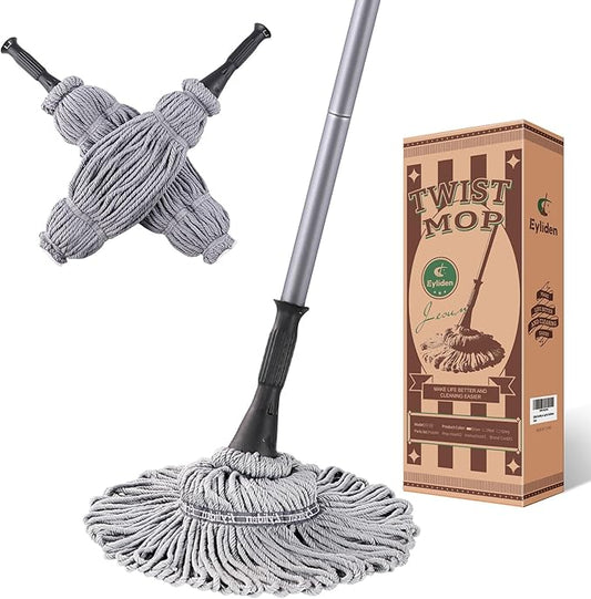Eyliden Mop with 2 Reusable Microfiber Heads, Easy Wringing Twist Mop, 57.5 inch Long Handle, Wet Mops for Floor Cleaning, Commercial Household Clean Hardwood, Vinyl, Tile and More (Grey)