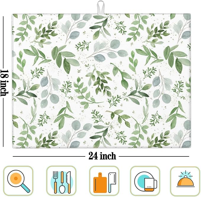Sage Green Dish Drying Mat for Kitchen Counter Microfiber Absorbent, Spring Dish Draining Mat Aesthetics Kitchen Decor Extra Large 18"x24" (Green, 18x24in)