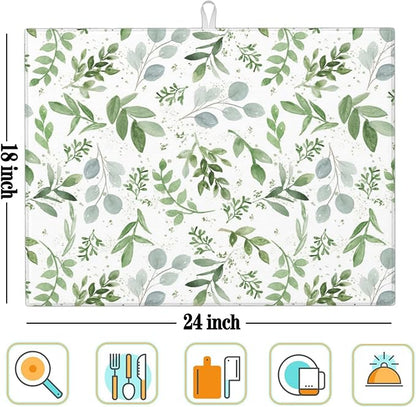 Sage Green Dish Drying Mat for Kitchen Counter Microfiber Absorbent, Spring Dish Draining Mat Aesthetics Kitchen Decor Extra Large 18"x24" (Green, 18x24in)