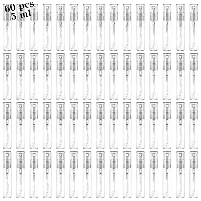 Mini Spray Bottle 5ml, Refillable Glass Spray Bottle, Glass Bottle Atomizer, Perfume Mouthwash Atomizer for Cleaning Refillable Container for Travel, Essential Oils, Perfume 60 Pcs, 5ml