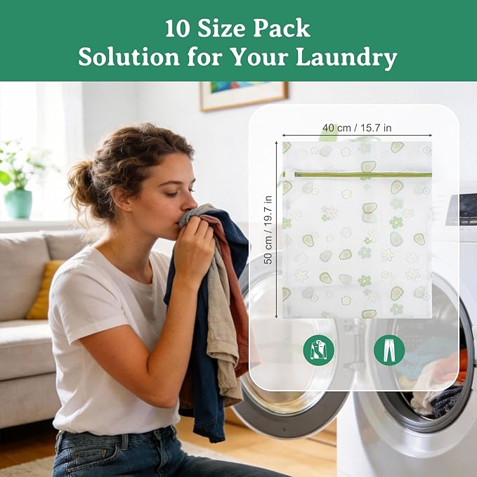 10PCS Mesh Laundry Bags for Delicates, 16"x20" Large Laundry Wash Bags with Zipper, Cute Reusable Laundry Bags for Clothes, Socks and Intimates, Premium Fine Mesh Wash Bag (40x50cm)