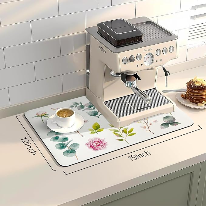 Bloss Dish Drying Mat, 12.2"x19.7" Absorbent Coffee Bar Mat with Waterproof Rubber Back, Fit Under Coffee Maker Machine/Kitchen Counter(Rose)