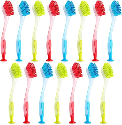Boao 15 Pieces Long Dish Brush with Handle Assorted Color Dishwashing Brush with Suction Cup Multipurpose Cleaning Tool for Kitchen, Toilet, Etc