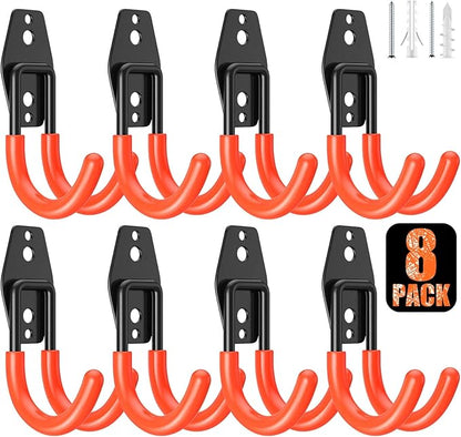 8 Pack Heavy Duty Garage Hooks,Solid Steel Wall Mount Hangers,with Anti-Slip Coating,for Hanging and Organising Ladder,Bike,Ropes,Broom,Garden,Yard and Power Tools(4.7x2.6 inch)