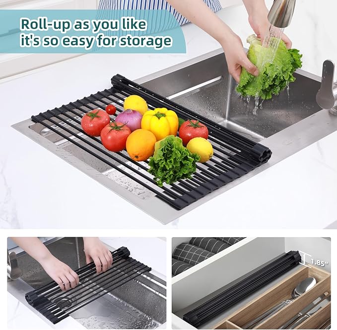 Ohuhu Roll Up Dish Racks, 16.5" L x 13" W Over The Sink Dish Drainer Drying Rack Kitchen Sink Organizer Silicone Wrapped Large in Sink Dish Drying Rack Foldable Rolling Drain Mats Anti-Slip