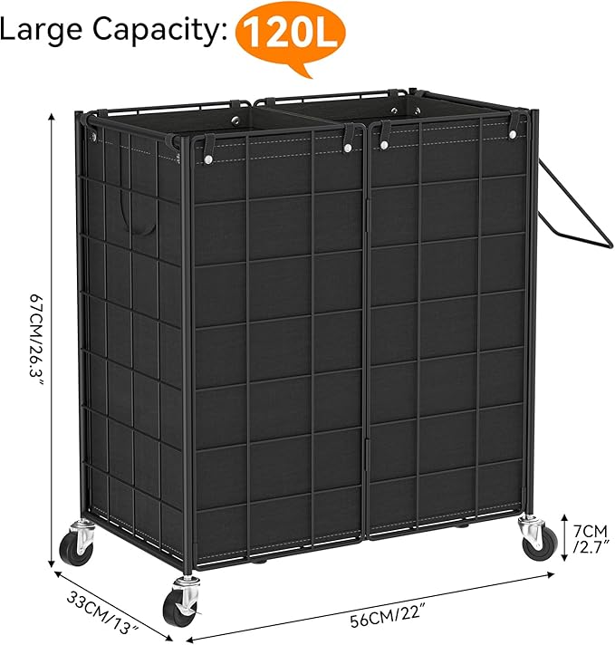 WOWLIVE Double Laundry Hamper with Wheels,Metal Wire Frame Rolling Laundry Basket with 2 Removable bags,120L Dirty Clothes Hamper Organizer Dorm Room Storage for Bedroom,Bathroom,Black