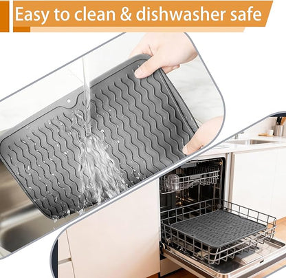 Silicone Dish Drying Mat, Easy Clean, Eco-Friendly, Heat-Resistant, Grey, Food-Grade Silicone Dish Drying Mat for Kitchen Counter, Dishes, Refrigerator or Drawer Liner (16” x 12”)