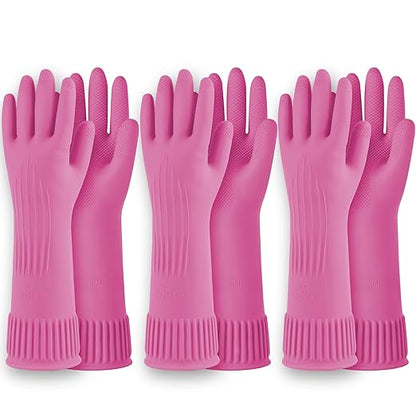Reusable Waterproof Household Dishwashing Cleaning Rubber Gloves, Non-Slip Kitchen Glove (Pink, Medium (Pack of 3))