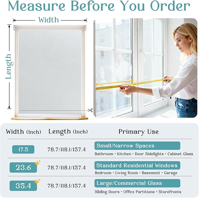 Haton Window Privacy Film Frosted Glass Film for Door Bathroom Shower, Peel & Stick, Day & Night, Papel para Ventanas Privacidad, Covering Sticker Removable Decorative Translucent Pure 17.5" x 157.4"