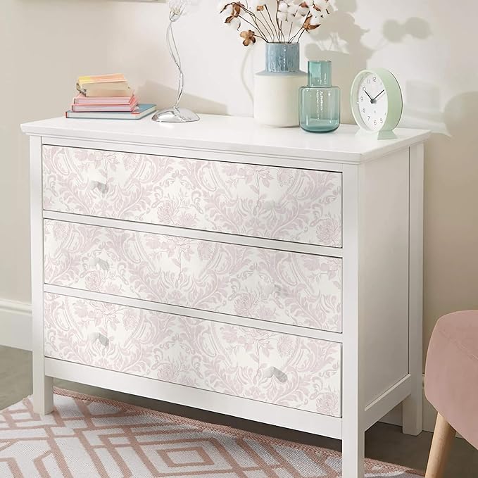 Ismoon Floral Peel and Stick Wallpaper Pink Contact Paper Boho Watercolor Damask Wallpaper Vintage Textured Removable Self Adhesive Vinyl Wall Paper Renter Friendly, 17.3 in X 32.7 ft