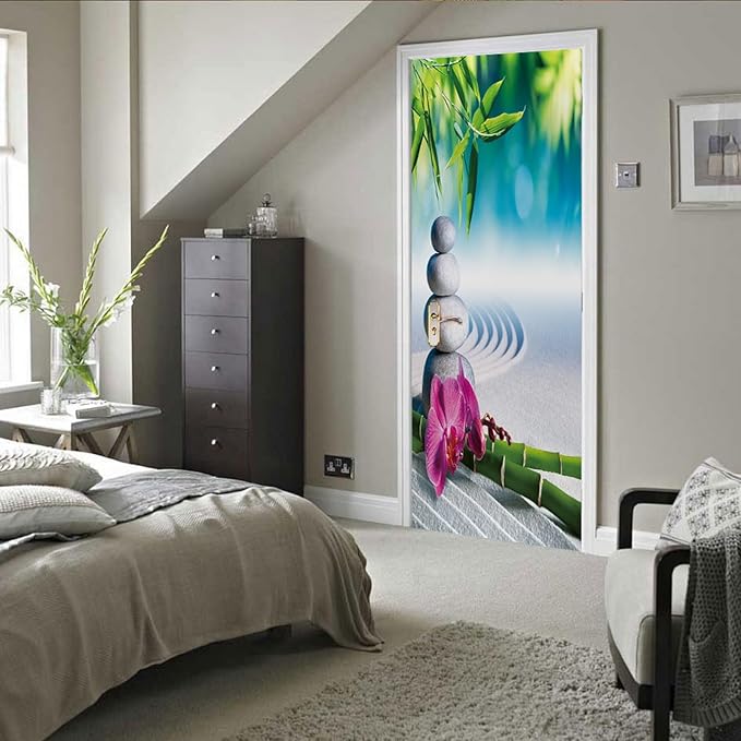 A.Monamour 3D Door Stickers for Interior Doors Sand Orchid Bamboo Massage Stones in Zen Garden Vinyl Waterproof Self Adhesive Door Mural Decals for Bedroom Office Bathroom 85x215cm