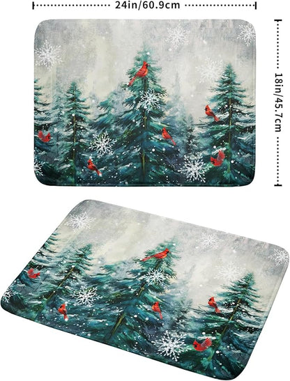 Pine Tree Dish Drying Mat for Kitchen Countertop Red Bird Dishes Mats Winter Decorative Absorbent Reversible Drainer Rack Pad 18x24 Inch