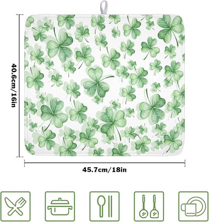 St Patrick's Day Dish Drying Mat for Kitchen Counter,Green Lucky Charm Shamrocks Drying Mat 16 x 18 Inch with High Absorbent Microfiber Drainer Mat for Coffee Bar