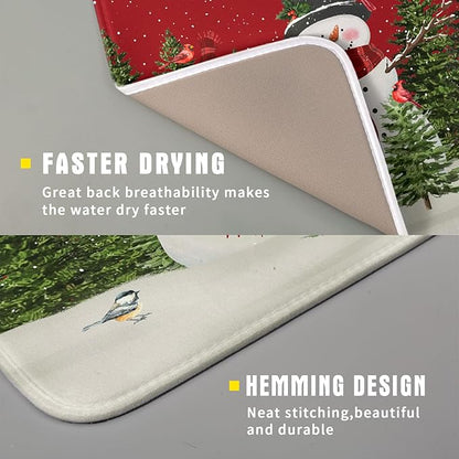 Christmas Dish Drying Mat for Kitchen Counter Red Xmas Snowman Trees Birds Drying Mat 16x18 Inch Winter Holiday Absorbent Dish Drainer Mat Christmas Kitchen Accessories
