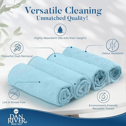 DAN RIVER 24-Pack Blue Microfiber Towels – Ultra Absorbent, Lint-Free & Streak-Free wash Cloths Kitchen for Home & Car - Must-Have Cleaning Essentials - 12" x 12"