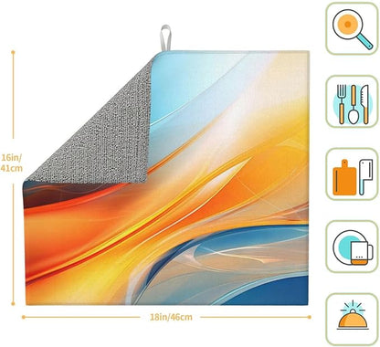 Blue Burnt Orange Fluid Art Dish Drying Mats for Kitchen Counter & Sink, Absorbent Microfiber Drying Pad for Dishes, Reusable Foldable Modern Abstract Kitchen Dish Draining Mat, Home Decor, 16" x 18"