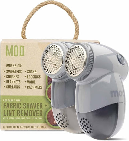 MOD 2 Pack Portable Fabric Shaver and Lint Remover, Reusable Pet Hair Remover, Roller for Clothes, Sweater Shaver, Couch, Blankets with Detachable Lint Collector Tank, Battery Operated, White/Gray