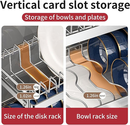 Dish Drying Rack, Double Layered countertop Kitchen Organizer with Drainage Large Bowl Rack and Storage Rack with Drainage Board, Suitable for Kitchen Bars (Silver)