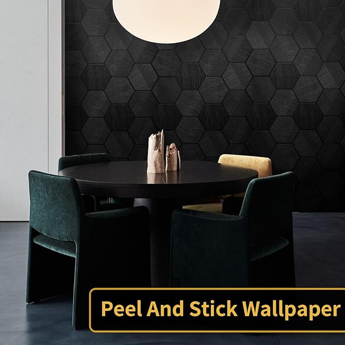 Black Peel and Stick Wallpaper Self Adhesive 3D Hexagon Geometric Embossed Contact Paper Removable Easy Peel Off Textured Wallpaper for Cabinet Bedroom 15.7" X 196"