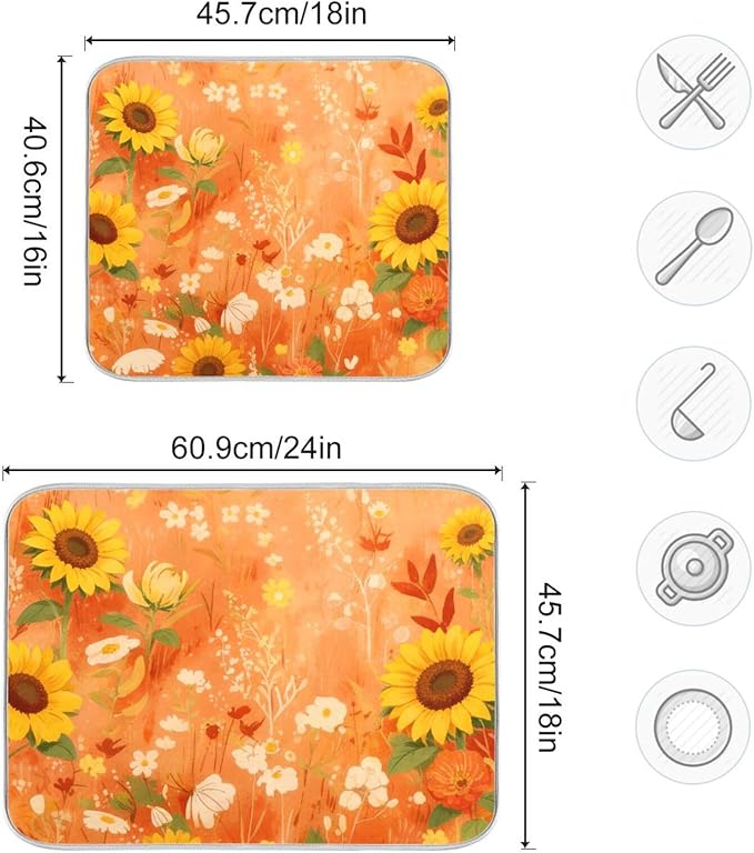 Large Dish Drying Mat Microfiber Drying Mat for Sink Kitchen Counter Yellow Sunflower Cornflower Poppy Absorbent Dish Rack Mat Drying Pad 18 x 24 Inches