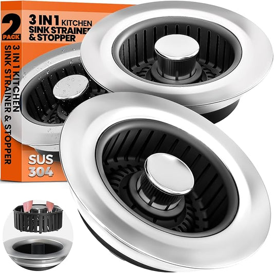 Sink Drain Strainer - Sink Stopper, 3-in-1 Kitchen Stainless Steel Drain Plug with Anti-Clog Basket, Pop-Up Cover Fits Standard 3-1/2” Openings for Double Bowl Kitchen Sinks,Black