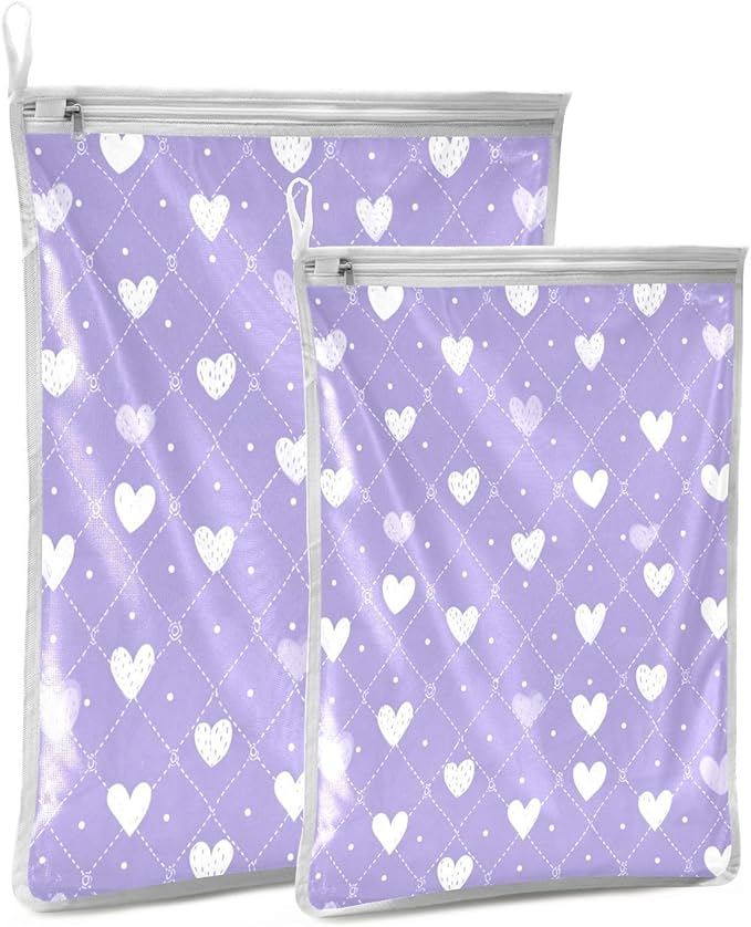 Mesh Laundry Bags Lingerie Bags for Washing Delicates 2 PCS Durable Wash Bag with Zipper Small and Medium Washable Diamond Grid Purple Hearts