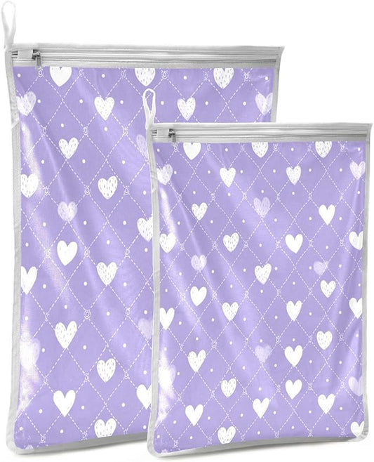 Mesh Laundry Bags Lingerie Bags for Washing Delicates 2 PCS Durable Wash Bag with Zipper Small and Medium Washable Diamond Grid Purple Hearts