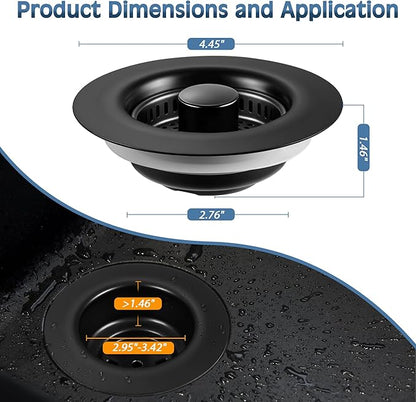 Kitchen Sink Drain Strainer 3 in 1, 304 Stainless Steel Pop Up Sink Stopper, Anti-Clogging Sink Drain Strainer for US Standard Kitchen Drain (Matte Black)