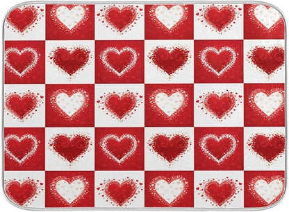 Valentine's Day Love Heart Red Buffalo Plaid Dish Drying Mat 16x18 for Kitchen Mother's Day Rose Pink Flowers Dishes Pad Dish Drainer Rack Mats Absorbent Fast Dry Kitchen Accessories