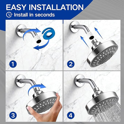 High Pressure Shower Head - Adjustable Bathroom Fixed Rain Showerhead with Swivel Brass Ball Joint, Self-cleaning Nozzles (5-Mode, 4 Inch Chrome)
